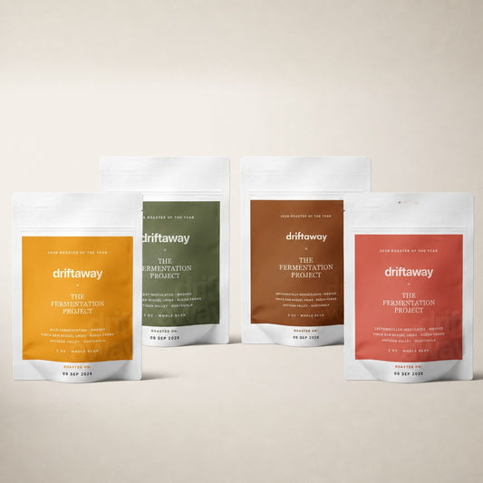 Four stand-up pouches of Driftaway fermentation products arranged in a row against a warm beige background. The pouches are white with large color blocks in mustard yellow, olive green, terracotta brown, and coral red, with white text.