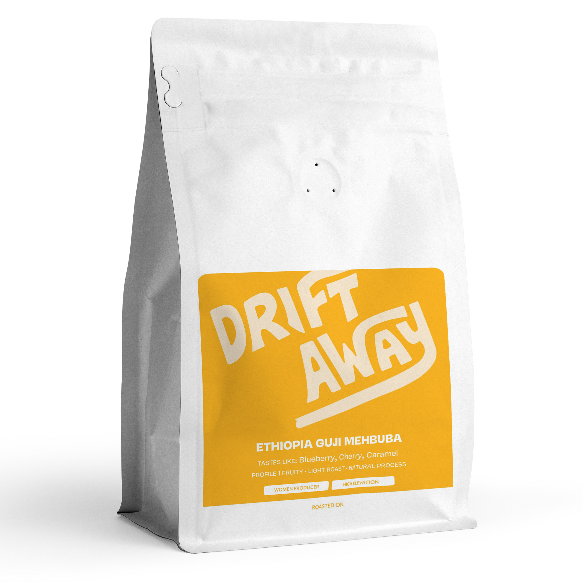 Coffee bag with 'Drift Away' branding on a white background